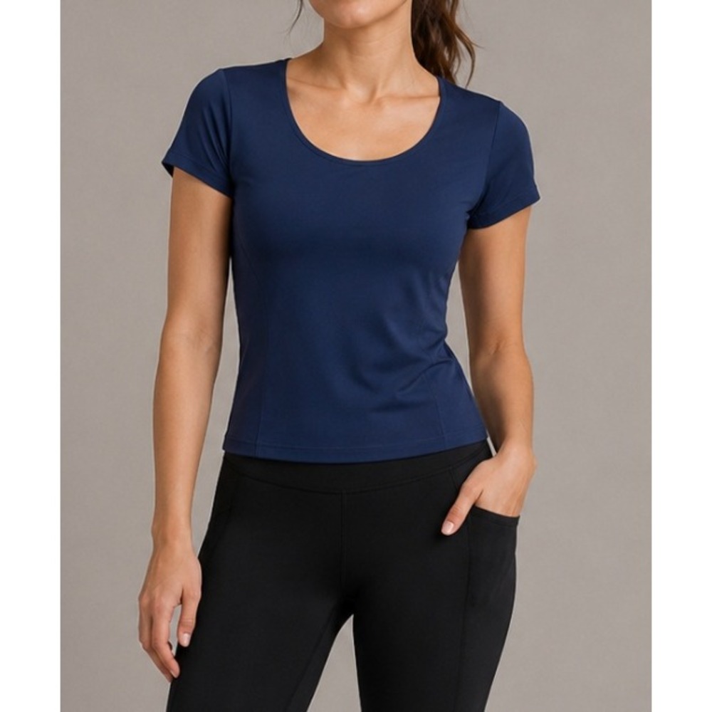 NEW Oner Active Timeless Dark Blue Short Sleeve Scoop Neck Built In BraTop XXL